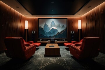 Home theater with retro-inspired seating, a statement rug, and a minimalist media console