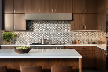 Kitchen with walnut cabinets, stainless steel appliances, and a mosaic tile backsplash