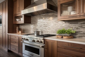 Kitchen with walnut cabinets, stainless steel appliances, and a mosaic tile backsplash