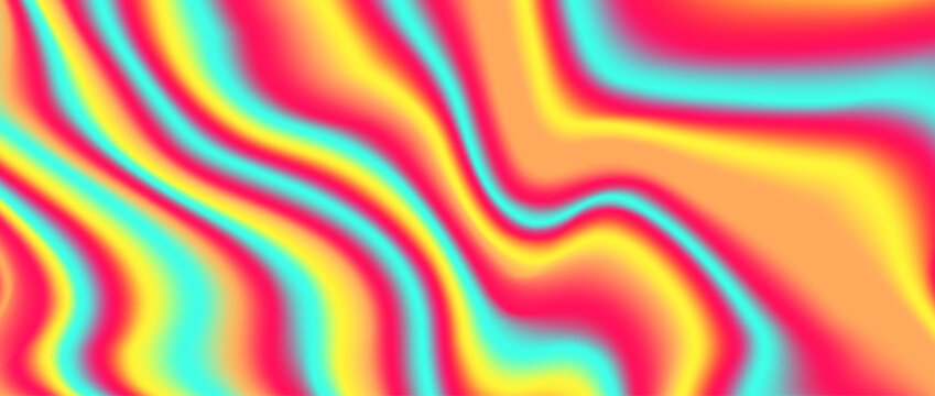 Psychedelic iridescent background. Bright neon holographic wallpaper. Blue pink orange yellow wave fluid gradient texture. Vector abstract acid trippy backdrop for banner, poster, cover, print, flyer