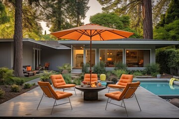 Mid-century modern outdoor patio with wire chairs, a fire pit, and a sleek umbrella - obrazy, fototapety, plakaty