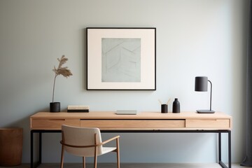 Minimalist home office with a clean-lined desk, a vintage desk lamp, and abstract artwork on the walls