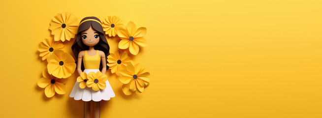 Fototapeta premium Cute Girl with Flowers Papercraft Style with Copyspace. Happy Woman Day, Woman Rights.