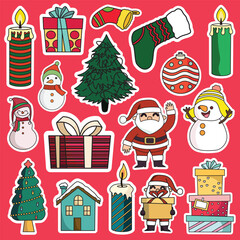 Christmas sticker printable set vector illustration, suitable for gift or decoration and graphic design element