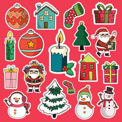 Christmas sticker printable set vector illustration, suitable for gift or decoration and graphic design element