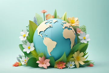 Eco Friendly Earth with Flowers. Save the World Background with Copyspace, Papercraft Style, Earth day, Environment Day.