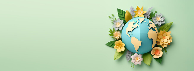 Eco Friendly Earth Banner with Flowers. Save the World Background with Copyspace, Papercraft Style, Earth day, Environment Day.