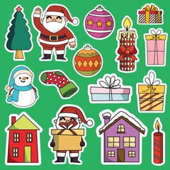 Christmas sticker printable set vector illustration, suitable for gift or decoration and graphic design element