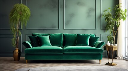 A luxurious velvet sofa in a rich emerald green color, placed elegantly in a sunlit room with contemporary decor.