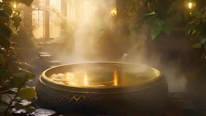 Nestled amidst a paradise of ethereal goldinfused mist, a weary traveler indulges in a transcendent spa experience, where skilled thes drench them in a shimmering golden bath, restoring