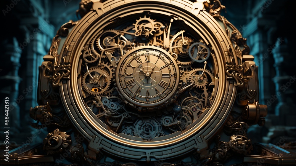 Wall mural a mechanical brain with clockwork precision and gears in motion in a steampunk-inspired world