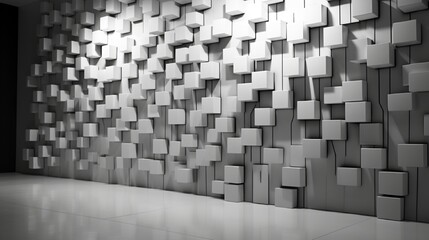 A monochromatic 3D wall installation using shades of grey, creating a sense of depth and perspective.