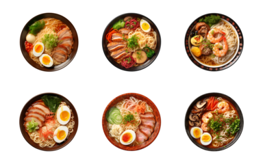 Collection set top view of Japanese ramen noodle soup isolated on a transparent background