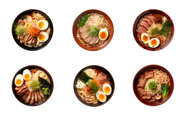 Collection set top view of Japanese ramen noodle soup isolated on a transparent background