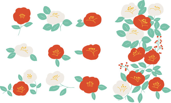 手描きの椿イラスト。椿の年賀素材。新春の和風イラスト。椿のイラストセット。Hand drawn camellia clip art. New Year's greeting material of camellia. Japanese New Year Clip Arts. Clip art set of camellia.