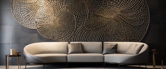 A mosaic of intricate patterns and metallic textures produces a glamorous 3D wall decor, elevating the ambiance with its sophistication and allure. - obrazy, fototapety, plakaty