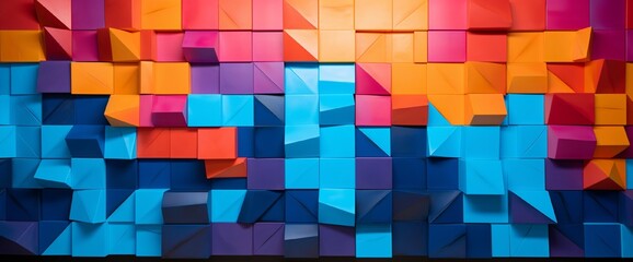 A mosaic of vibrant colors and angular shapes forming an intricate 3D pattern that seems to dance across the wall, adding vibrancy and depth to any room.
