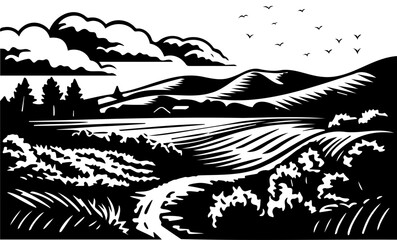 Black and White Landscape Linocut Blockfront. Illustration of nature. Clouds and mountains linocut.