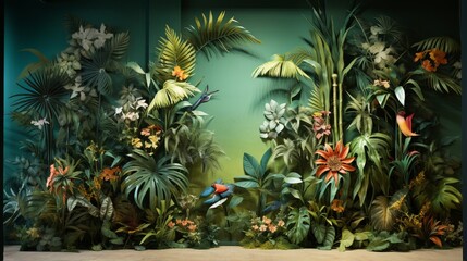 Fototapeta premium A nature-inspired 3D wall mural portraying a lush tropical jungle with exotic flora and fauna.