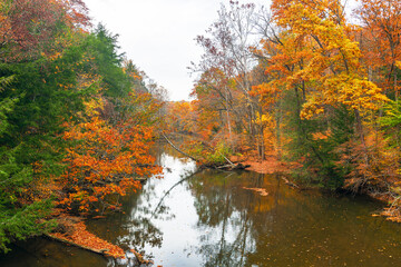 Colorful view of the Clear Fork Branch of the Mohican River upstream from the Mohican bridge.Mohican State Park