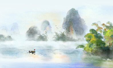 Chinese style blue artistic conception ink wash landscape background illustration