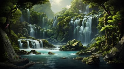 A nature-themed 3D wall panel depicting a tranquil waterfall in a lush, green forest setting.