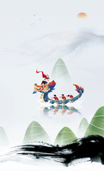 Dragon Boat Race during the Dragon Boat Festival, Chinese style landscape painting background illustration