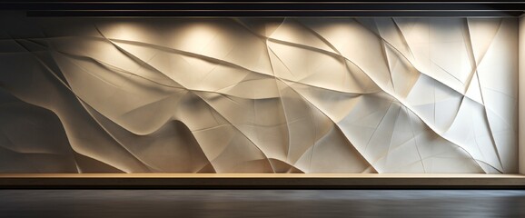 A play of shadows and light on an abstract 3D wall design composed of intersecting lines and...