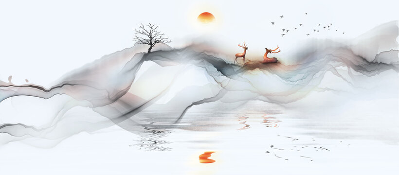 New Chinese style abstract artistic conception ink wash landscape painting