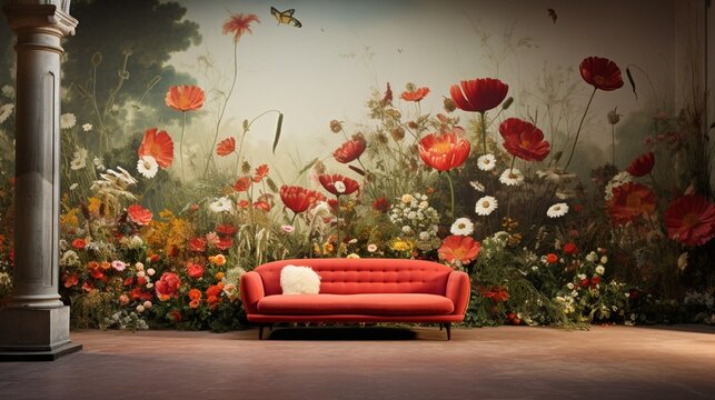 Fototapeta A room adorned with 3D wallpaper showcasing a lively arrangement of daisies and poppies in full bloom.