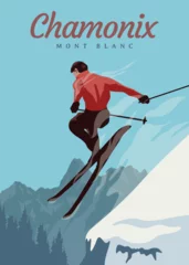 Gordijnen jumping skier extreme winter sport. ski travel vintage poster in chamonix mont blanc vector illustration design © linimasa