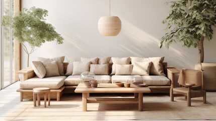 A Scandinavian-inspired sofa showcasing neutral tones, surrounded by natural elements like potted plants and wooden furniture.