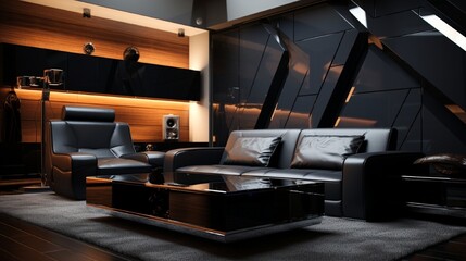 Fototapeta premium A sleek, black leather sofa with clean lines and chrome accents, situated in a modern entertainment area with state-of-the-art gadgets.