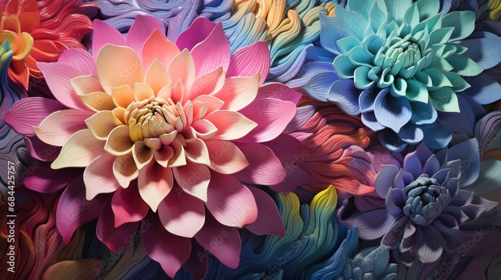 Wall mural a surreal garden of iridescent 3d abstract flowers, each bloom pulsating with hypnotic patterns and 