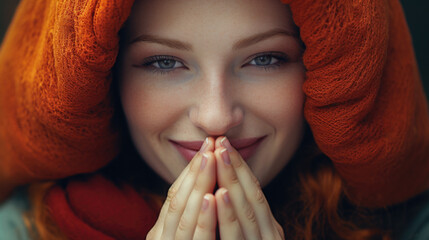 A closeup portrait of a smiling woman wearing a red knitted hat and holding her hands to her lips. A happy woman with a promising secret to tell someone. - obrazy, fototapety, plakaty