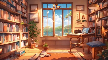 cozy reading nook with bubbling fish tank, where calming glow fireplace gentle rustle book pages creates serene ambiance. stream overlay animation