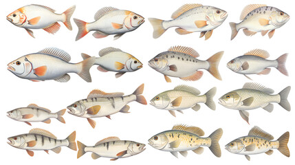 Collection of Watercolor Redfin Perch and Carp Fish illustration isolated on white background - obrazy, fototapety, plakaty
