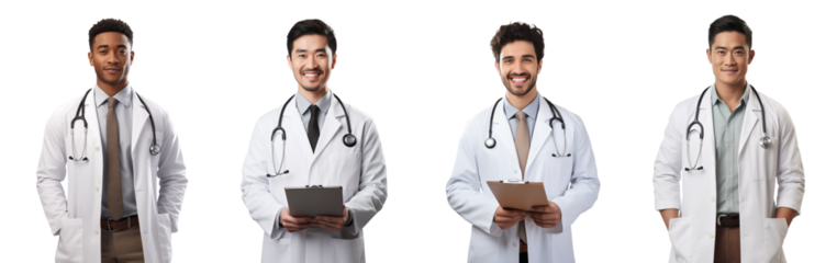 Set of Portrait of doctor young man happy smiling and standing posing, hand holding using tablet computer, isolated on white background, png