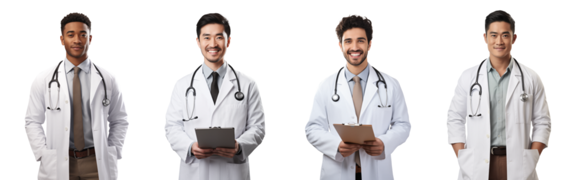 Set of Portrait of doctor young man happy smiling and standing posing, hand holding using tablet computer, isolated on white background, png