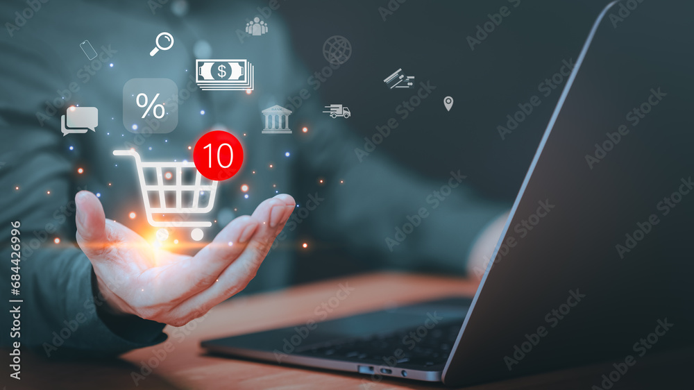 Poster customer show hand with add products to cart while online shopping at store. business concept of onl
