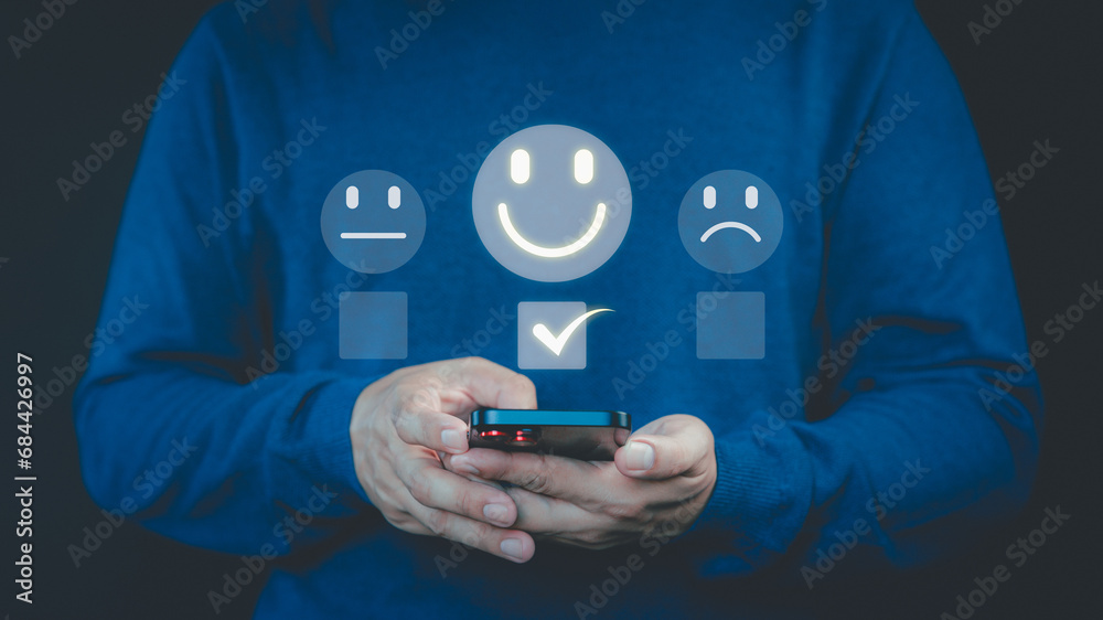 Poster customer review and feedback with smile face icon to give satisfaction in service. online review con