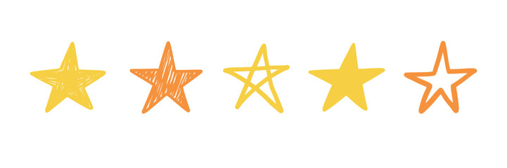 Five star doodle. Hand drawn quality, review yellow five star illustration. Award, quality, feedback concept elements. Sketch grunge style. Isolated vector illustration.