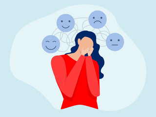 depression with mood, Woman in depression with bewildered thoughts in her brain. happy ,sad,unhappy,suffers from Bipolar disorder.Psychology and mental health vector illustration