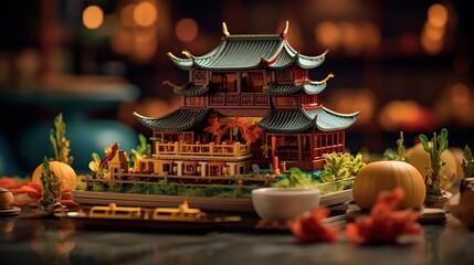 Miniature of chinese temple on table with blurred bokeh background - obrazy, fototapety, plakaty