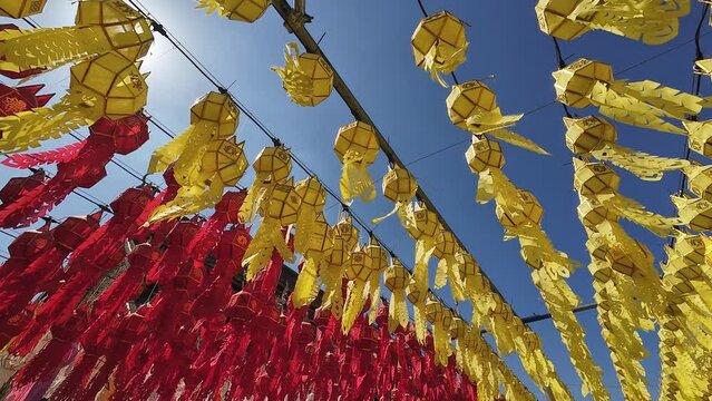 Paper lanterns in the Yee Peng Festival decorate around Lumphun downtown, Thailand.