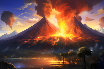 Fototapeta premium volcanic eruption, streams of incandescent lava flow down the slope. fire magma.