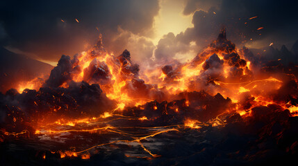 volcanic eruption, streams of incandescent lava flow down the slope. fire magma. - obrazy, fototapety, plakaty