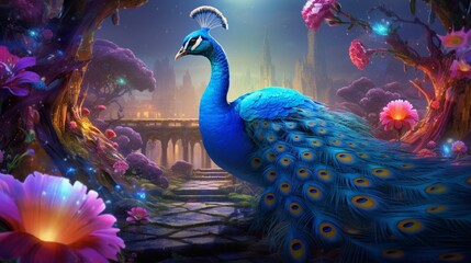 A vividly colorful 3D artwork portraying a magnificent blue peacock amidst a field of glowing...