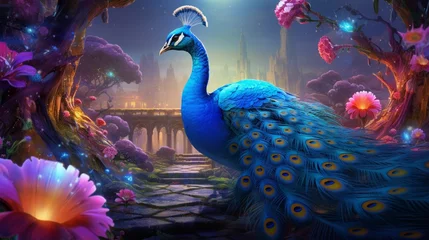 Foto auf Acrylglas A vividly colorful 3D artwork portraying a magnificent blue peacock amidst a field of glowing mushrooms in a whimsical fairy tale setting. © Ghulam