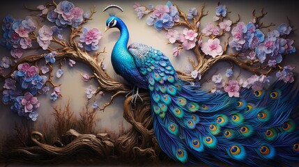 A vividly colorful 3D mural portraying a magnificent blue peacock perched on an ancient tree branch surrounded by mystical glowing flowers.